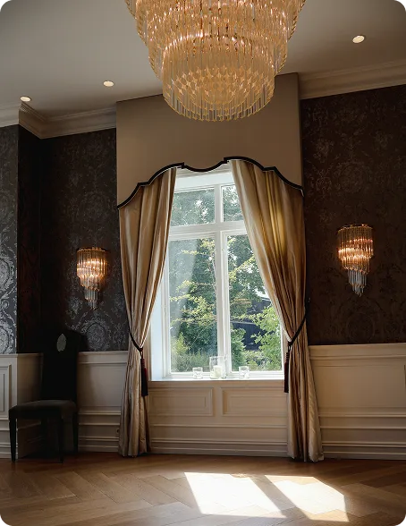 Lysekrone, draperte gardiner og fiskebensparkett i en sal på Chitra House
